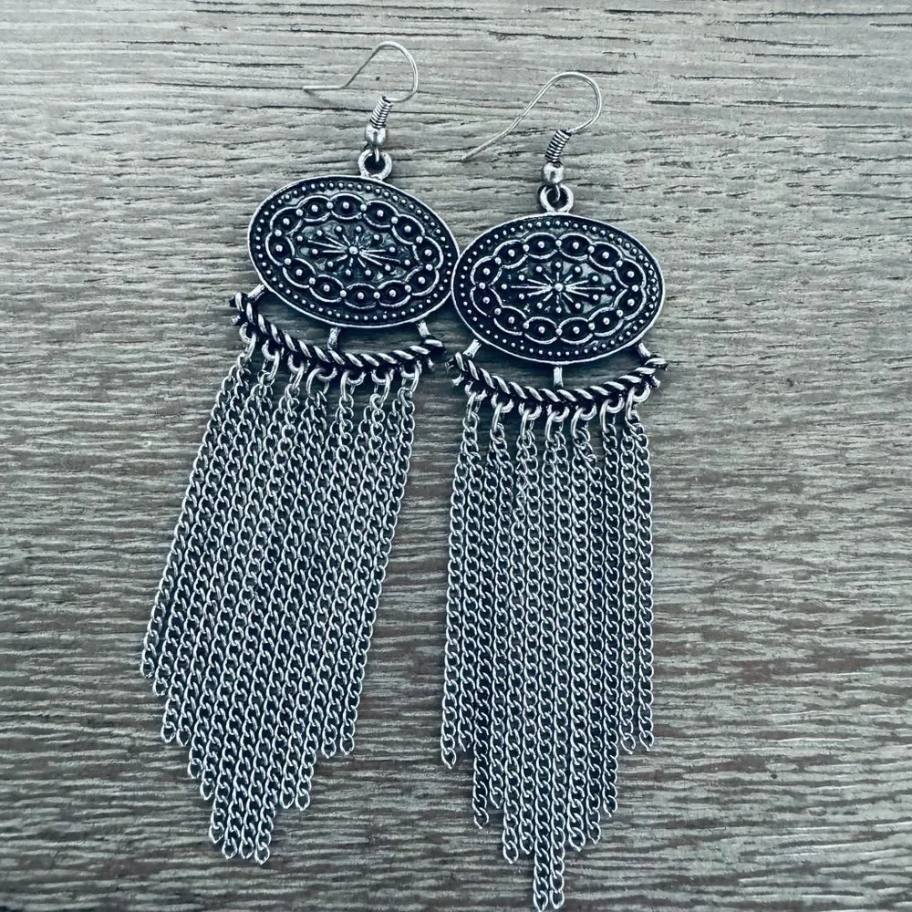 Icing Silver Medallion Cascading Chain Chandelier Earrings